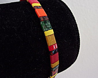 Tila Bracelet, Green, Orange, and Red, 7 inches, Miyuki Tila, Casual Jewelry, Gift Boxed, Stretchy Bracelet