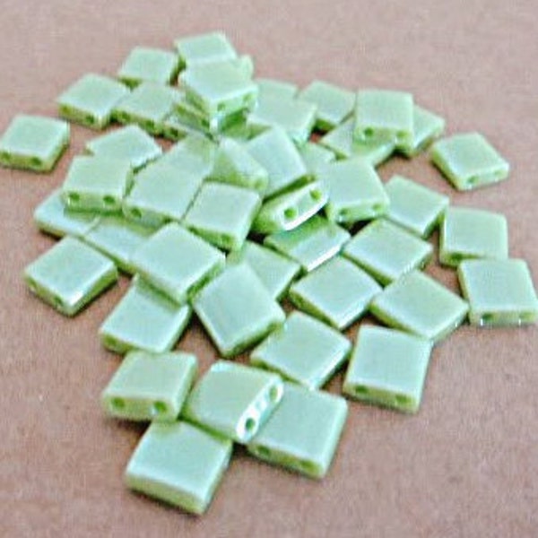 Miyuki Full Tila Beads, Luster Chartreuse, 50 Count, Square Tilas, 5 x 5 mm, Flat Rate Shipping, Destash Beads, Jewelry Making Supplies