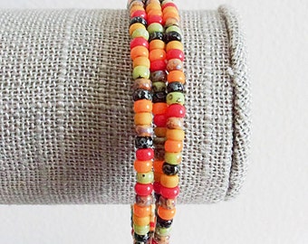 Autumn Memory Wire Seed Bead Bracelet, Earthy Colors, Casual Fall Jewelry, Gift Boxed, Layering Bracelet