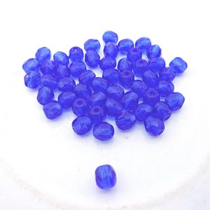 Czech Fire-polished Beads, 50 Medium Sapphire 4 mm Round Beads, Flat Rate Shipping, Jewelry Making Supplies, New Old Stock, On Sale