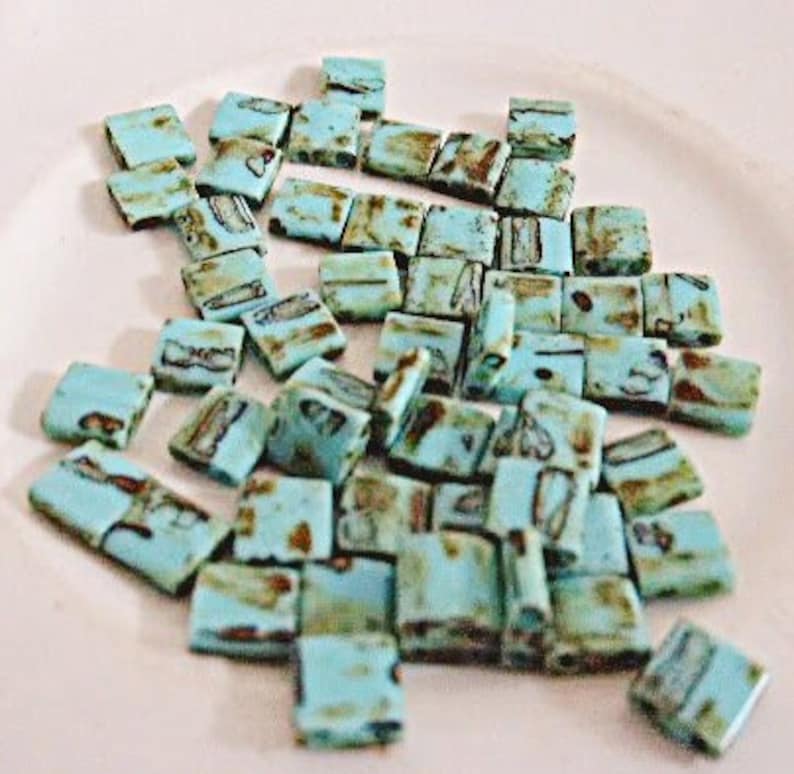 50 Full Tila Beads, Blue Turquoise Picasso, 5 x 5 mm, Flat Rate Shipping, Jewelry Supplies, Destash Beads image 1