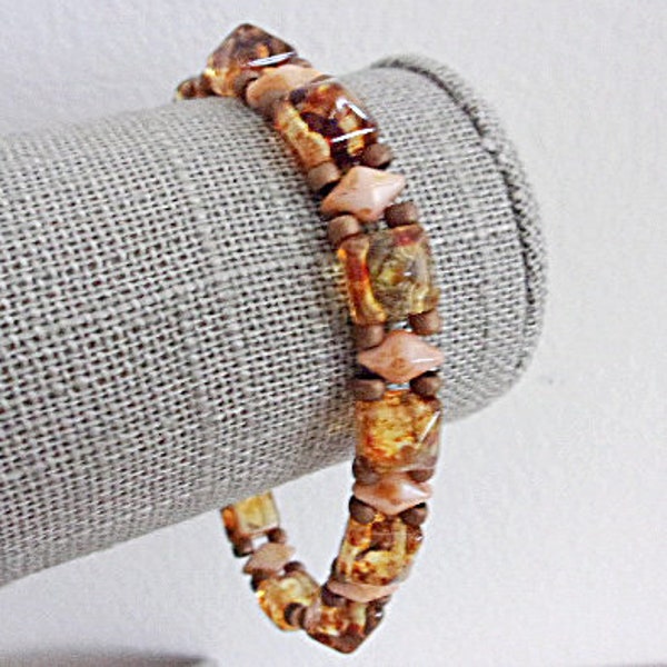 Stud Pyramid Bracelet, Beige and Brown, 7.5 inch Length, Stretch Bracelet, Casual Neutral Jewelry, Gift Boxed