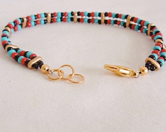 Seed Bead Bracelet, Double Strand, Red, Blue, Gold, and Black, 7 inches Plus Extender, Gift Boxed, Free Shipping