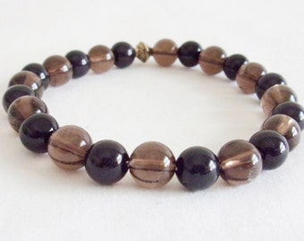 Smoky Quartz and Agate Bracelet, 8 inch Stretch Bracelet, Minimalist Jewelry, Unisex Jewelry, Bracelet for Him, Gift Boxed