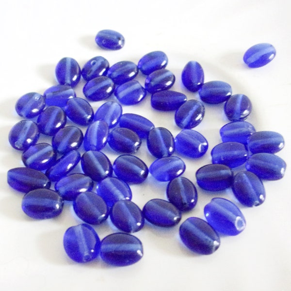 50 Transparent Cobalt Blue Flat Oval Glass Beads, 8 x 4 mm, Jewelry Making Supplies, Flat Rate Shipping, Destash Beads