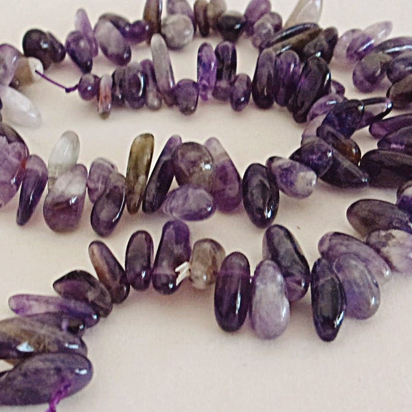 Amethyst Beads, 95 Gemstone Chips, Full Strand, Jewelry Making Supplies, Top Drilled, 5 x 10 to 5 x 20 mm, Flat Rate Shipping, Destash Beads