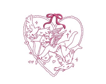 Diseño de bordado de Cupido coqueto, patrón de bordado a máquina de ángel Cupido romántico rosa, archivo PES DST estético de San Valentín