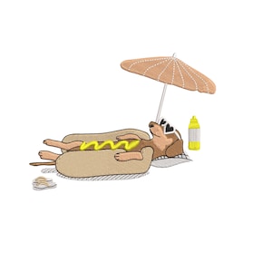 Broderidesign med varmkorv på stranden, maskinbroderimönster för rolig korvhund som solar, sommarhumor PES DST-fil