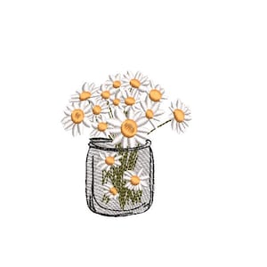 Peut inclure: Illustration numérique d'un bouquet de marguerites dans un bocal Mason. Les marguerites ont des pétales blancs et des centres jaunes. Le bocal est souligné en noir et a un aspect filaire.