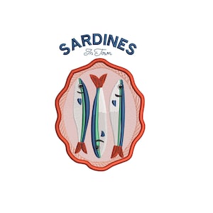 May include: Embroidered patch featuring three stylized sardines in blue, green, and red, set against a pink background within a red scalloped border. The word "Sardines" arches above the design in blue script, with "In Town" below.