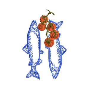 May include: Embroidered design featuring two blue fish with a sprig of orange tomatoes. The fish are outlined in blue thread, with detailed stitching. The tomatoes are a vibrant orange, adding a pop of color against the white background.