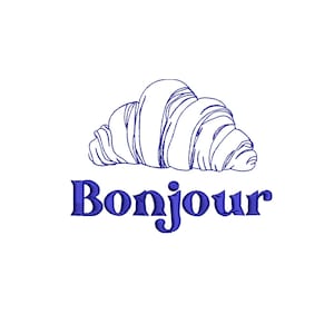 May include: A blue embroidered design of a croissant above the word "Bonjour" in a stylized font, set against a white background. The image is a simple, clean design, suitable for various applications.