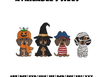 Dachshund Halloween Embroidery Design – Pumpkin, Witch, Pirate & Mummy Pup, Spooky Cute Embroidery, Pet Lover’s Halloween Dachshund