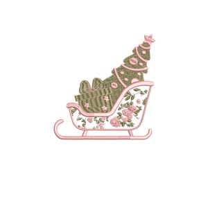 May include: A Christmas-themed design featuring a pink sleigh filled with a green Christmas tree and a wrapped gift. The sleigh is decorated with pink roses and the tree is topped with a star. The design is embroidered.