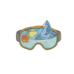 May include: Embroidered ski goggles with a scenic mountain and gondola design. The goggles are yellow and gray, with a blue and yellow mountain scene inside. A small orange gondola is visible.