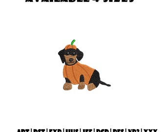 Diseño de bordado de perro salchicha disfrazado de calabaza, patrón de perro de Halloween, punto de mascota espeluznante y adorable, tema de disfraz de cachorro de otoño, descarga instantánea