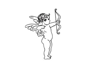 Diseño de bordado de ángel Cupido, patrón de bordado a máquina de arte lineal de Cupido de San Valentín dibujado a mano, archivo PES DST de estética romántica
