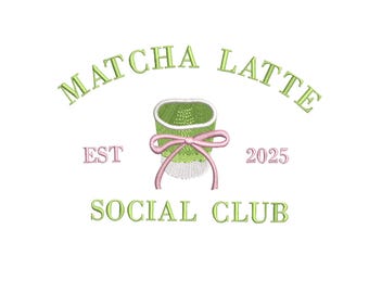 Matcha Latte Social Club Embroidery Design – Cute Matcha Cup Stitch Pattern, Pastel Aesthetic Embroidery, Kawaii Tea Lover Gift