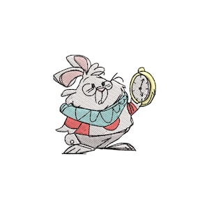 May include: Embroidered design of the White Rabbit from Alice in Wonderland. The rabbit is white with pink ears, wearing a blue scarf and red shirt. He holds a gold pocket watch, with the time showing. The design is on a white background.