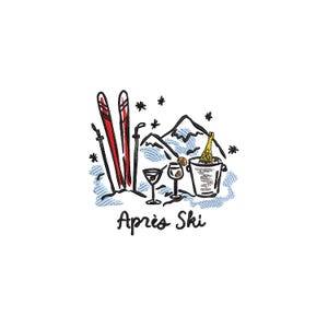 Pode incluir: Ilustração extravagante com esquis vermelhos, cocktails e um balde de champanhe com uma garrafa. Montanhas cobertas de neve e flocos de neve no fundo. As palavras "Après Ski" estão escritas abaixo.