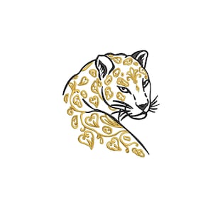 May include: An embroidered design of a leopard's head, featuring a black outline and gold filigree patterns. The leopard's face is detailed with black whiskers and a focused expression, set against a white background.