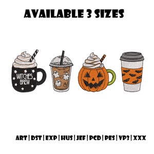 Op de afbeelding: Een afbeelding met vier Halloween-thema drankontwerpen. De ontwerpen omvatten een zwarte mok met de tekst "Witches Brew", een heldere ijskoffie met spookontwerpen, een pompoenvormige mok en een koffiebeker met vleermuisontwerpen. De tekst "AVAILABLE 3 SIZES" staat bovenaan.