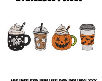 Spooky Sips Embroidery Design – Halloween Coffee Cups Set: Witches Brew, Ghost Drink, Pumpkin Mug & Bat Cup – Instant Download, 3 Sizes