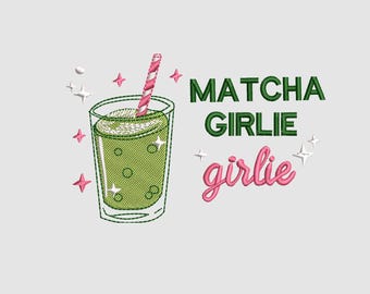 Matcha Girlie Embroidery Design, Iced Green Tea Drink Machine Embroidery Pattern, Aesthetic Matcha Cup PES DST Instant Download