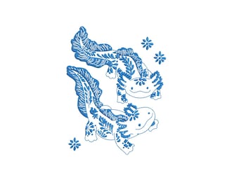 Floral Axolotl Embroidery Design, Cute Botanical Axolotl Machine Embroidery Pattern, Whimsical Nature Aesthetic PES DST File