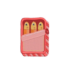 May include: Embroidered design of a sardine can. The can is red with a pink label and contains three cartoon sardines with yellow bodies and large eyes. The design has a stitched appearance, suggesting it may be for a patch or applique.