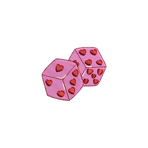 May include: Two pink dice embroidered with red hearts. The dice are set against a white background. Each die has a different number of hearts on each face, creating a playful and romantic design. Perfect for Valentine's Day or a love-themed project.