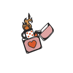 Diseño de bordado de encendedor con corazón llameante: bordado de encendedor retro moderno, patrón de parche de San Valentín con corazón de fuego, descarga instantánea PES DST JEF