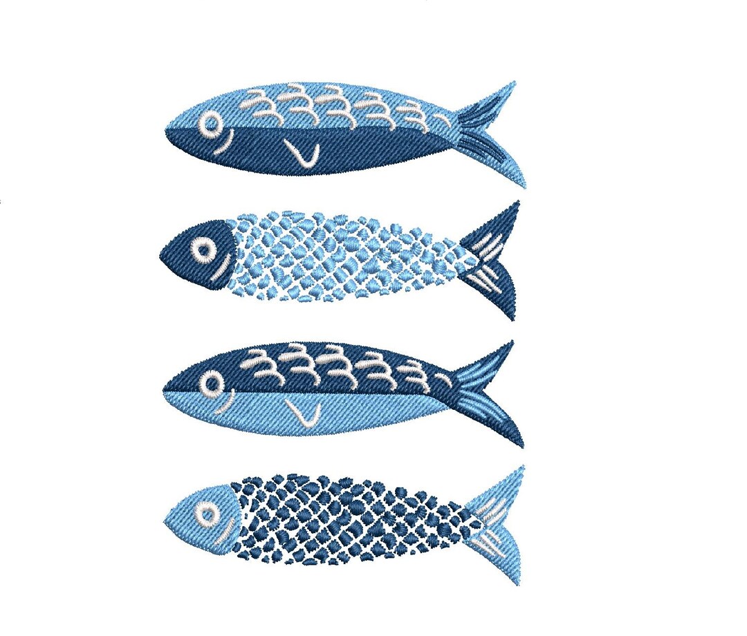 Sebastian Fish Pattern Blue Fish Set Embroidery Design, Coastal Sardine Fish Illustration ...