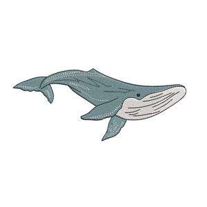 Blue Whale Embroidery Design, Minimal Ocean Whale Illustration Machine Embroidery Pattern, Coastal Marine Aesthetic PES DST File