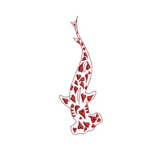 May include: A hammerhead shark design in red, filled with heart shapes, against a white background. The shark's outline is also red, creating a contrasting effect. The design is suitable for various applications.