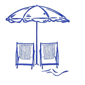 Beach Chairs Embroidery Design, Minimal Coastal Umbrella Scene Machine Embroidery Pattern, Summer Ocean Aesthetic PES DST File