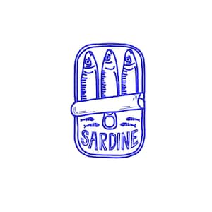 May include: Blue line art illustration of a sardine tin. The tin is open, revealing three fish. The word "SARDINE" is printed in a rounded font on the tin. Small fish icons are also present.