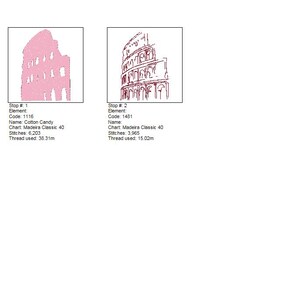 May include: Two embroidery designs of the Colosseum. The first is a pink outline, and the second is a brown outline. The designs include the text "Stop #", "Element", "Code", "Name", "Chart", "Stitches", and "Thread used".