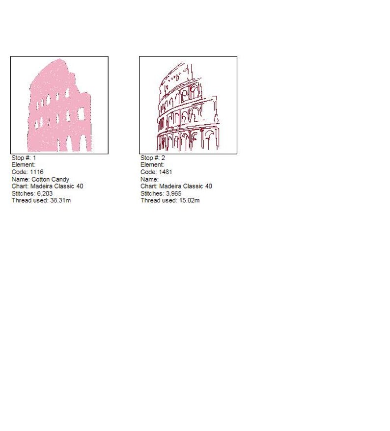 May include: Two embroidery designs of the Colosseum. The first is a pink outline, and the second is a brown outline. The designs include the text "Stop #", "Element", "Code", "Name", "Chart", "Stitches", and "Thread used".