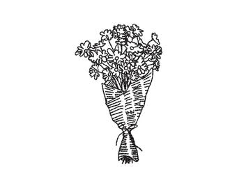 Disegno per ricamo di bouquet di fiori disegnati a mano, motivo per ricamo a macchina floreale con linee minimaliste, file PES DST di estetica botanica