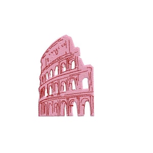 May include: A pink embroidered patch featuring a stylized depiction of the Colosseum in Rome. The patch showcases the iconic Roman amphitheater's arches and architectural details, perfect for travel enthusiasts.