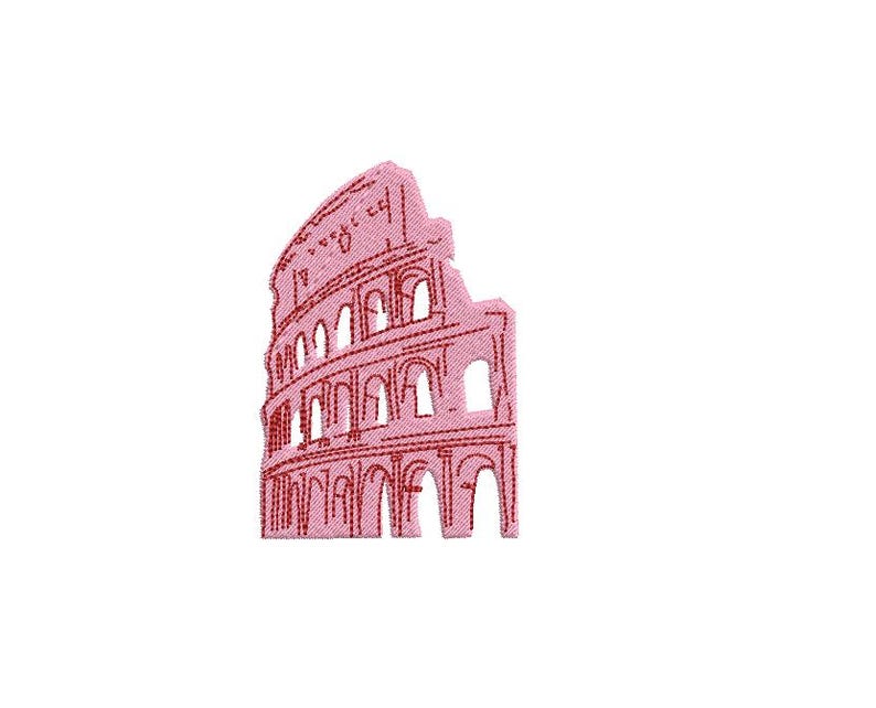 May include: A pink embroidered patch featuring a stylized depiction of the Colosseum in Rome. The patch showcases the iconic Roman amphitheater's arches and architectural details, perfect for travel enthusiasts.