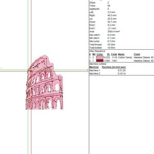 May include: A pink and white outline of the Colosseum, a famous Roman amphitheater. The image is a digital design, likely for embroidery or a similar craft. The design includes architectural details.