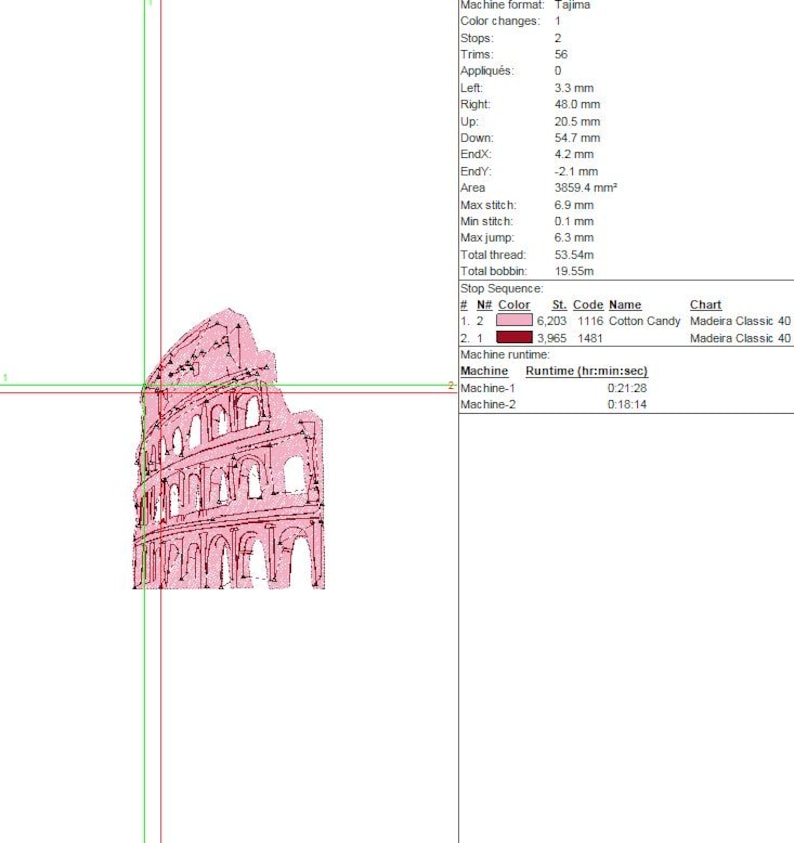 May include: A pink and white outline of the Colosseum, a famous Roman amphitheater. The image is a digital design, likely for embroidery or a similar craft. The design includes architectural details.