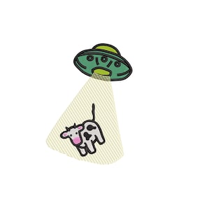 UFO Cow Abduction Embroidery Design, Funny Alien Farm Humor Machine Embroidery Pattern, Cute Sci Fi PES DST File