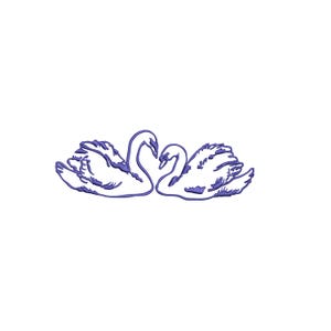 May include: A pair of stylized swans in a heart-shaped pose, rendered in a deep purple outline against a white background. The swans' necks curve to meet, forming the heart. The image is a simple, elegant design.