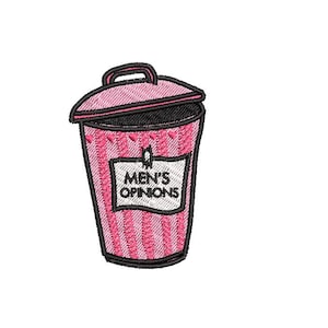 May include: Embroidered patch of a pink bin with a lid, black trim, and the words "MEN'S OPINIONS" on a white label. The bin has vertical stripes and a handle on the lid.
