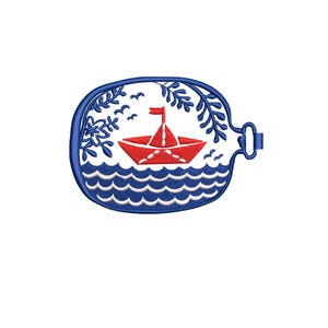 Paper Boat Patch Embroidery Design, Nautical Bottle Illustration Machine Embroidery Pattern, Coastal Vintage PES DST File