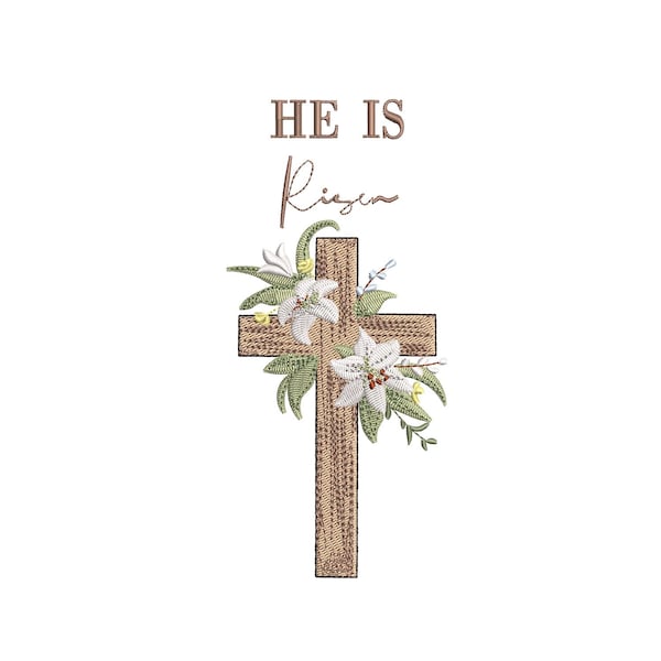 Diseño de bordado de cruz "Él ha resucitado", patrón de bordado a máquina de cruz de lirio floral cristiano, diseño de fe de Pascua PES DST, descarga instantánea