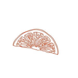 May include: An orange embroidered design of a citrus fruit slice. The design features detailed stitching outlining the shape and internal segments of the fruit. The embroidery is in a warm orange hue, set against a white background.